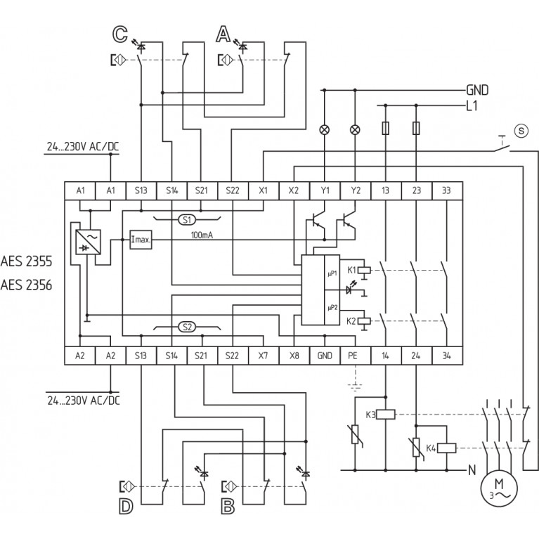 Реле безопасности AES 2356 UE: 24...230V AC/DC