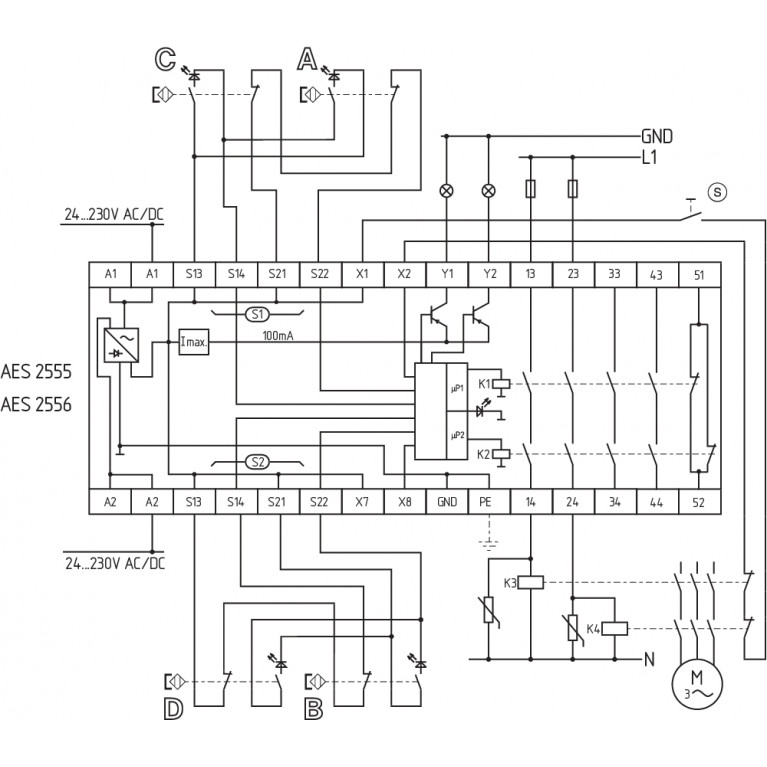 Реле безопасности AES 2555 UE: 24...230V AC/DC